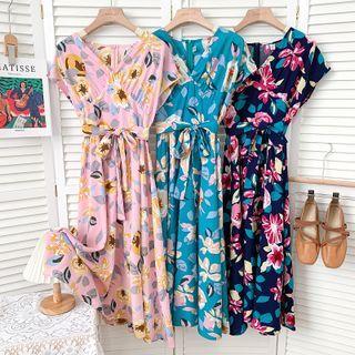 Floral V-neck Midi Dress With Sash In 7 Colors