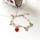 Heart Star Faux Pearl Alloy Bracelet 1 Pc - Red Heart - Gold - One Size