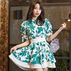Leaf Print Puff-sleeve Mini A-line Dress