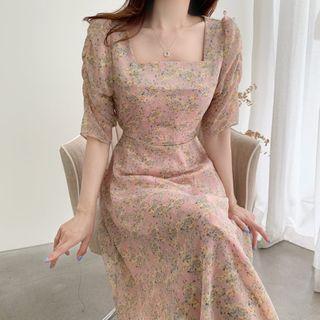 Elbow-sleeve Floral Chiffon Square-neck A-line Midi Dress