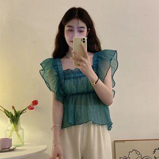 Plain Ruffle Cropped Tank Top Blue - One Size