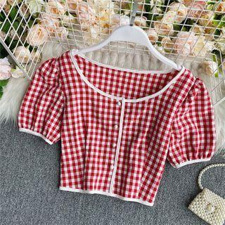 Contrast-trim Short-sleeve Check Blouse