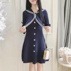 3/4-sleeve Tie-neck A-line Knit Dress