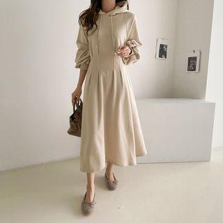 Pintuck-waist Long Hoodie Dress