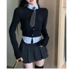 Short-sleeve Plain Shirt / Letter Embroidered Cardigan / Striped Mini Pleated Skirt / Tie / Set