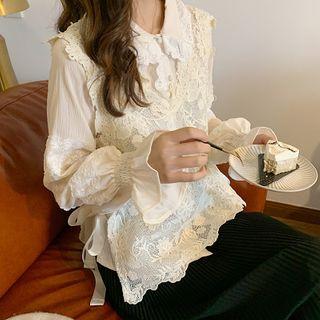 Lace Trim Long-sleeve Blouse / Tie-side Lace Vest