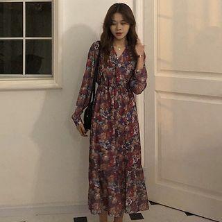 Long-sleeve Floral Midi A-line Dress Floral Dress - One Size