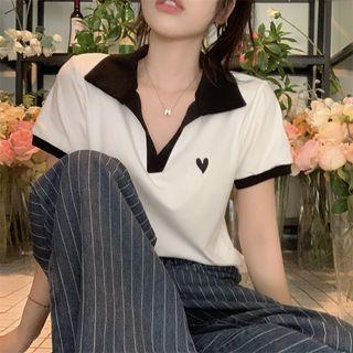 Short-sleeve Heart Embroidery Polo Top