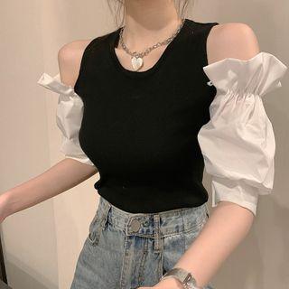 Cold-shoulder Short-sleeve Panel Knit Top