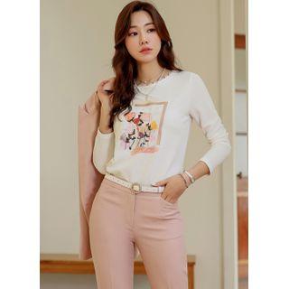 Lace-trim Printed Embossed Top Ivory - One Size