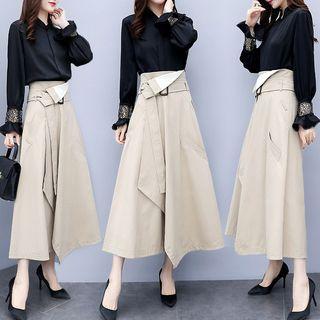 Set: Crochet Lace Panel Blouse + Maxi A-line Skirt