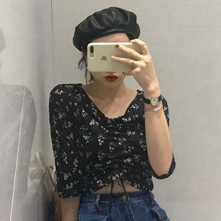 Floral Print Elbow-sleeve Drawstring T-shirt