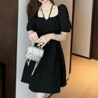 Puff-sleeve Halter Neck Mini A-line Dress