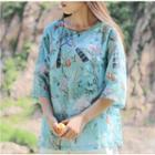 3/4-sleeve  Frog-buttoned Printed Top Print - Light Blue - One Size