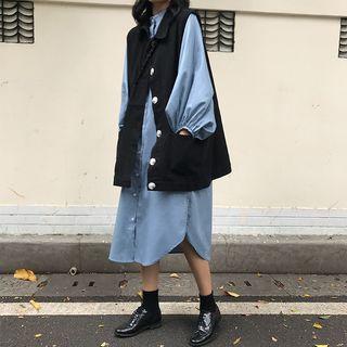 Long-sleeve Midi Shirt Dress / Oversize Buttoned Vest