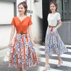 Set: Short-sleeve Top + Floral A-line Midi Skirt