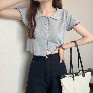 Short-sleeve Collared Lettuce Edge Button-up Knit Top