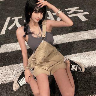Plain Crop Tank Top / Denim Dungaree Shorts