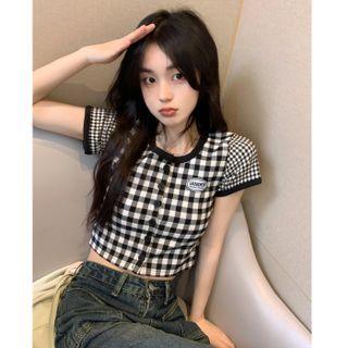 Short-sleeve Gingham Button-up Crop Top