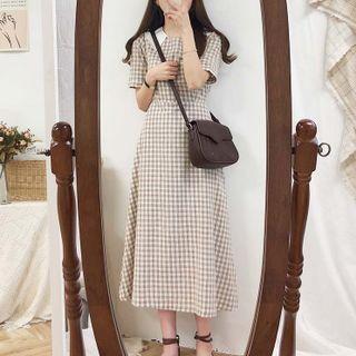 Short-sleeve Collared Plaid Midi A-line Skirt