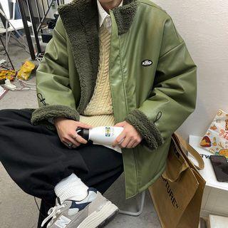 Stand-collar Fleece-lined Faux-leather Jacket