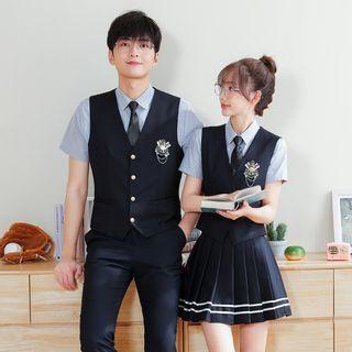Couple Matching Short-sleeve Shirt / Pleated A-line Skirt / Badge Embroidered Chained Vest / Straight Leg Pants