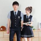 Couple Matching Short-sleeve Shirt / Pleated A-line Skirt / Badge Embroidered Chained Vest / Straight Leg Pants