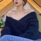 Long-sleeve Off-shoulder V-neck Sweater
