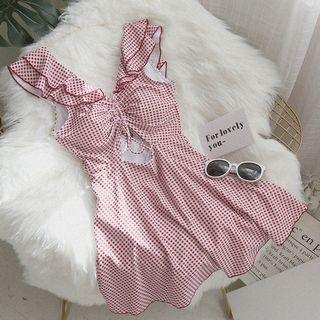 Gingham Ruffle Trim Cutout Swimdress