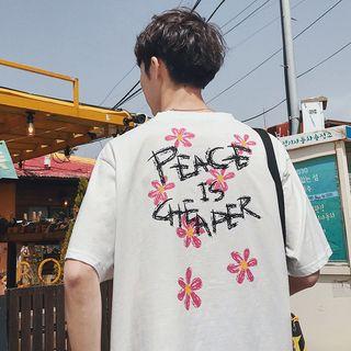 Lettering Floral Print Elbow Sleeve T-shirt