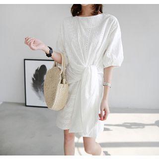 Elbow-sleeve Tie-front Lace Dress