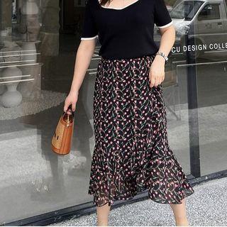 Floral Ruffle Hem Midi Mermaid Skirt