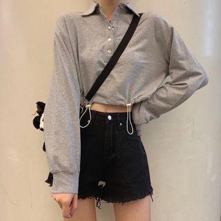 Drawstring-cuff Polo-neck Cropped Pullover