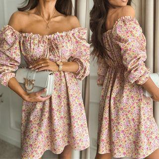 Off Shoulder Elbow-sleeve Floral Print Mini Dress