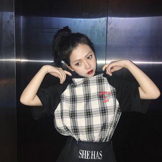 Elbow-sleeve Raglan Plaid T-shirt
