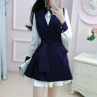 Set: Long-sleeve Mini Shirtdress + Striped Vest