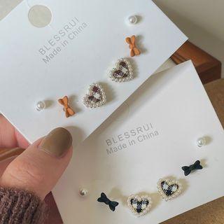 3 Pair Set: Faux Pearl / Bow / Heart Alloy Earring