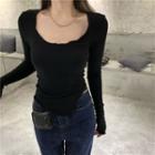 Asymmetric Lettuce Edge Long-sleeve Knit Top