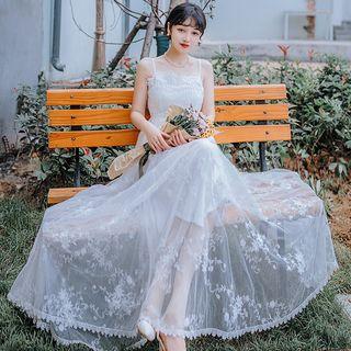 Lace Trim Spaghetti Strap Maxi A-line Dress