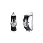 925 Sterling Silve Black Ceramic Elegant Noble Heart Shape Earrings With Cubic Zircon Silver - One Size