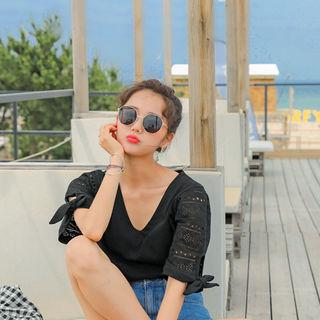 Plunge-neck Lace-sleeve Top