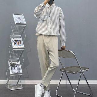 Long-sleeve Striped Shirt / Plain Straight Leg Dress Pants