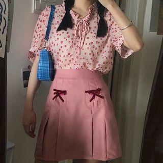 Puff-sleeve Chiffon Shirt / Pocket Semi Skirt