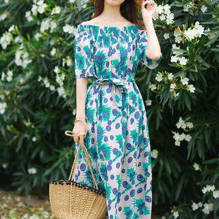 Printed Off-shoulder Short-sleeve A-line Midi Dress
