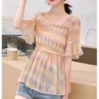 Short-sleeve Square-neck Patterned Chiffon Top