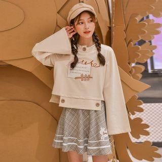 Buttoned Embroidered Flared-sleeve Pullover / Plaid A-line Skirt