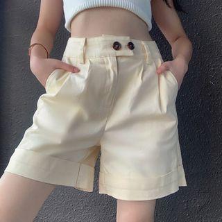 Plain High-waist Roll-up Straight-cut Shorts