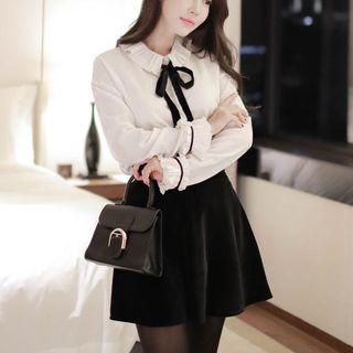 Bow Accordion Pleat Long-sleeved Chiffon Plain Blouse