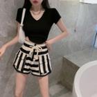 Asymmetrical Crop T-shirt / Ultra High-waist Striped Shorts