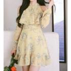 Long-sleeve Cold Shoulder Floral Chiffon Mini A-line Dress